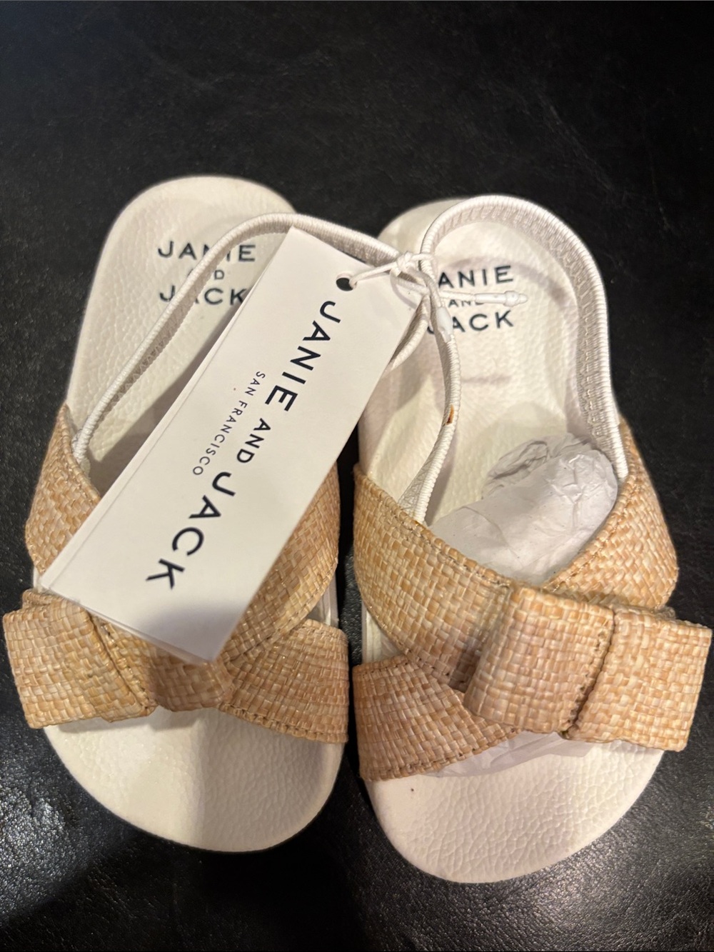 Janie and Jack Beige Straw Bow Slide Sandals with White Footbed